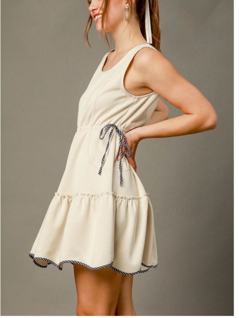 Umgee Cream Sleeveless Frill Dress with Navy Trim